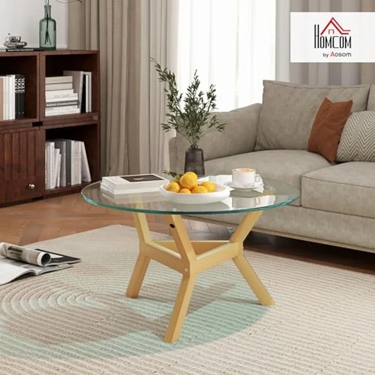 HOMCOM Couchtisch aus Hartglas, mit verstellbaren Fußpolstern und Stahllrahmen, rund (Beistelltisch, 1-St, Wohnzimmertisch), für Wohnzimmer, Transparent, Ø80 x 45 cm – Bild 2