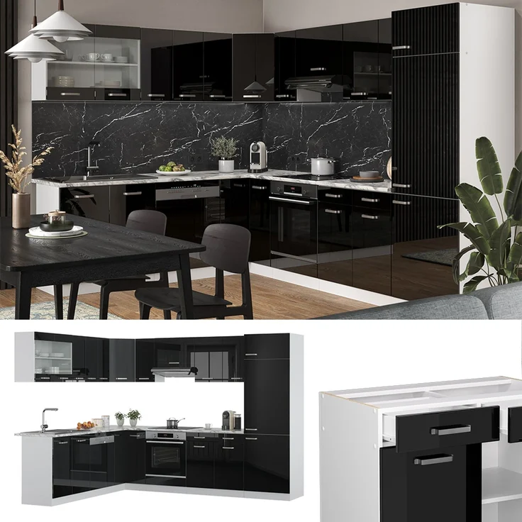 Eckküche R-Line Schwarz Hochglanz/Weiß 287 x 227 cm, AP Marmor Vicco – Bild 2
