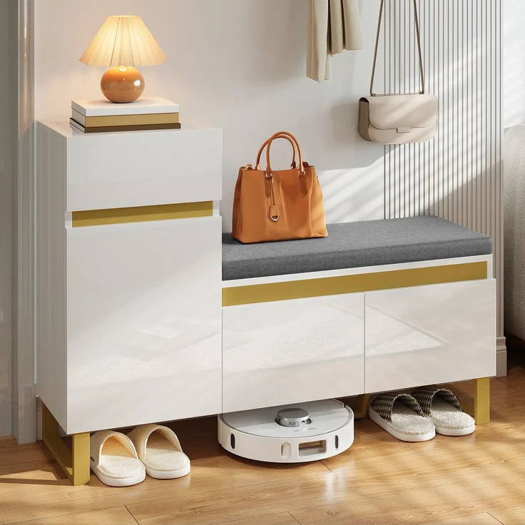 Schuhschrank MDF mit Sitzbank & Schublade, 120x35x85 cm, Weiß – Bild 5