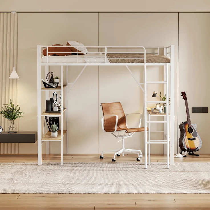 Weißes Metall-Hochbett 90x200cm mit Schreibtisch & 3 Ablagefächern, stabiler Stahlrahmen inkl. Lattenrost ohne Matratze – Bild 3