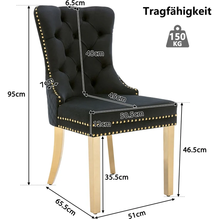 Esszimmerstuhl mit Samtbezug, Edelstahlbeinen und Türklopfer-Design, luxuriöser Polsterstuhl mit Nagelkopfverzierung,verstellbare Füße,Schwarz – Bild 9