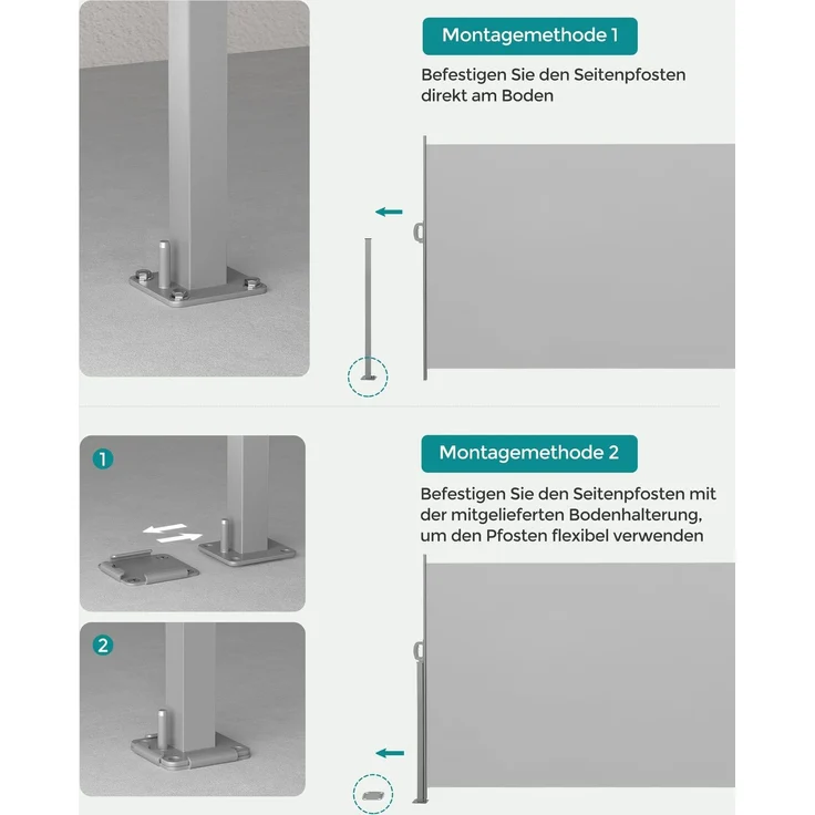 SONGMICS Seitenmarkise mit Stahl-Kasten, rostbeständig, ausziehbar, Hellgrau, 200x400 cm – Bild 5