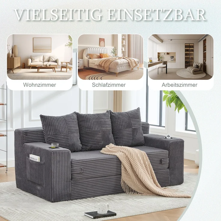 EINHOM Dreier-Sofa aus Baumwoll- und Leinenstoff, mit Getränkehalter und seitlichen Taschen, kann in drei Sitzplätze umgewandelt werden, rahmenloser Design mit gestrickten Kissen und Rückenlehne, großes Sitz – Bild 5