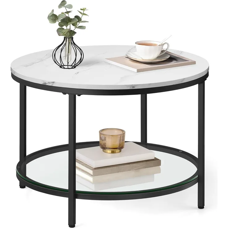 Vasagle Couchtisch mit Glasplatte, Holz / Stahl, Marmorweiß-Tintenschwarz, Ø 65x46 cm