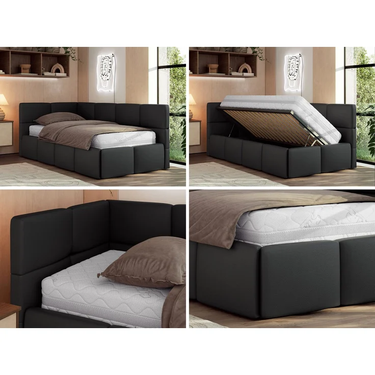 Jugendbett 90x200 ARVO Polsterbett mit Bettkasten, Stauraum & Gasdruckfeder, Modernes Design mit Kopfteil, Pocket Matratze - Schwarz Kunstleder - VIRE LUX - Links Seite – Bild 2
