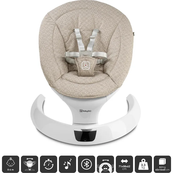 BabyGo Swing Babywippe, beige, mit 5 Schaukelgeschwindigkeiten, Bluetooth, Bewegungsmelder und Fernbedienung