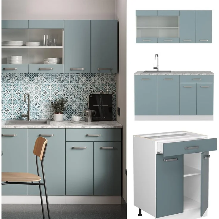 Singleküche R-Line Blau-Grau 140 cm , AP Marmor Vicco – Bild 5
