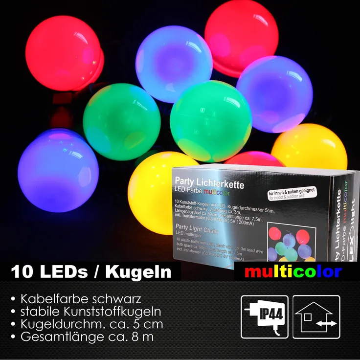 10er LED Partylichterkette Kugellichterkette Innen Außen Gartenparty bunt