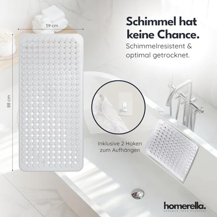 Homerella Badematte rutschfest Hautsensitiv 88x39cm, INKL. AUFHÄNGUNG, Antirutschmatte Badewanne BPA frei, Duschmatte schimmelresistent & maschinenwaschbar – Bild 4