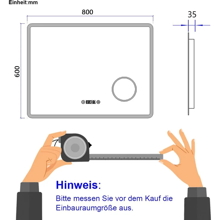 EMKE Badspiegel mit 3-fache Vergrößerung, LED Beleuchtung, 80x60cm, 3 Lichtfarben Dimmbar, Touch, Beschlagfrei, Uhr – Bild 5