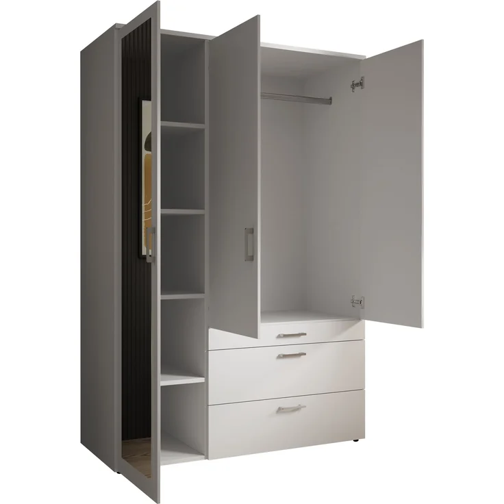Kleiderschrank >Vesala< in Weiß mit Spiegel, Melamin - 135x195x56cm (BxHxT) – Bild 2