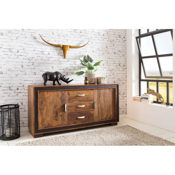 FINEBUY Sideboard FB46382 (160x44x80 cm Massivholz Kunstleder), Kommode Schubladen & Türen, Standschrank Anrichte – Bild 2