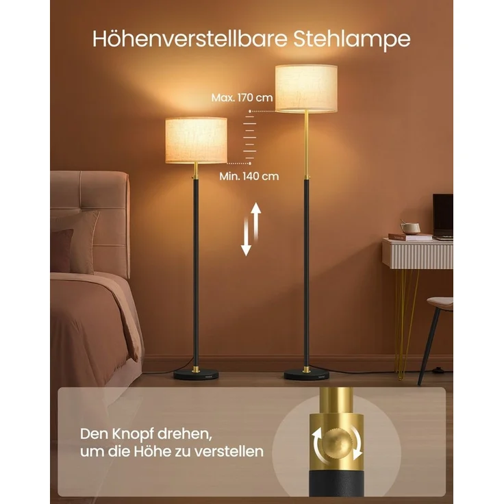 VASAGLE Stehleuchte mit Fußtaster, höhenverstellbar, E27 Fassung, Stoff gold-schwarz, 170 x 30 x 30 cm – Bild 2