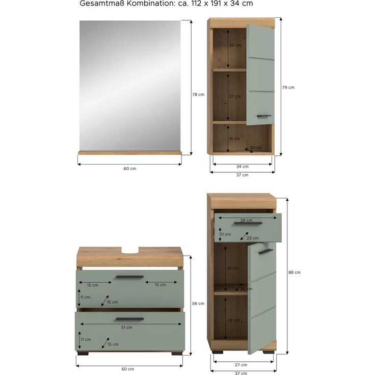 Xonox Scout Badkombination (B/H/T: 112x191x34 cm) in Salbei und Artisan Eiche Nachbildung – Bild 4