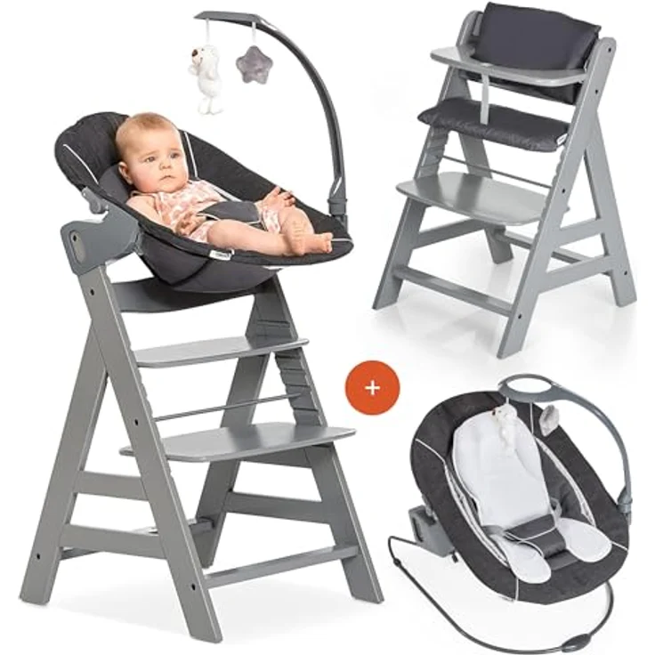 Hauck Alpha Plus Grau Newborn Set Deluxe - Baby Holz Hochstuhl ab Geburt mit Liegefunktion - inkl. Aufsatz für Neugeborene & Sitzpolster - mitwachsend, verstellbar - Grau – Bild 2