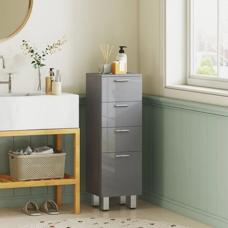 Kleankin Badkommode verstellbar Regal Toilettenschrank (Badezimmer-Aufbewahrungsschrank, 1 St, mit Schublade, verstellbare Füße), 30 x 30 x 93 cm, Grau – Bild 1