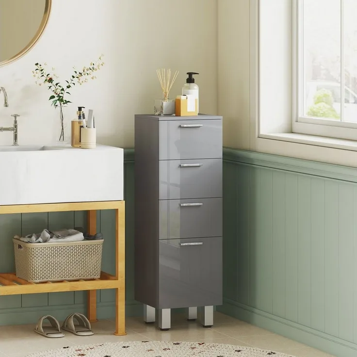 Kleankin Badkommode verstellbar Regal Toilettenschrank (Badezimmer-Aufbewahrungsschrank, 1 St, mit Schublade, verstellbare Füße), 30 x 30 x 93 cm, Grau