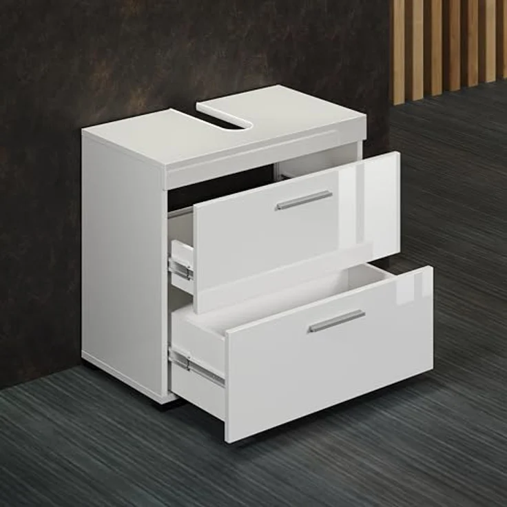 trendteam smart living – Amanda – Waschbeckenunterschrank – Weiß/Weiß Hochglanz – 2 Schubladen mit Vollauszug - (BxHxT) 60 x 56 x 34 cm - Kratzfest & pflegeleicht – Bild 6