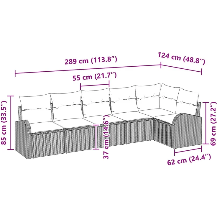 vidaXL Gartensofa-set mit Kissen 6 pcs Braun und Rot Poly-Rattan 3354733 – Bild 12