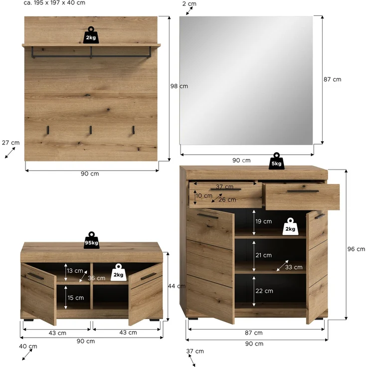 Garderobenkombination (B/H/T: 195x197x40 cm) in Evoke Oak Nachbildung – Bild 4