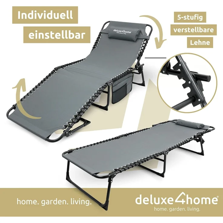 deluxe4home Gartenliege Sonnenliege 5-stufig Verstellbar I Liegestuhl Anthrazit Campingliege, Verstellbar – Bild 4