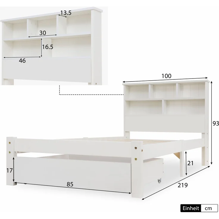 Holzbett, Einzelbett inkl. Schublade und Lattenrost, Kopfteil mit Regal, 90x200 cm, Holzbett aus Kiefer, Jugendbett – Bild 5
