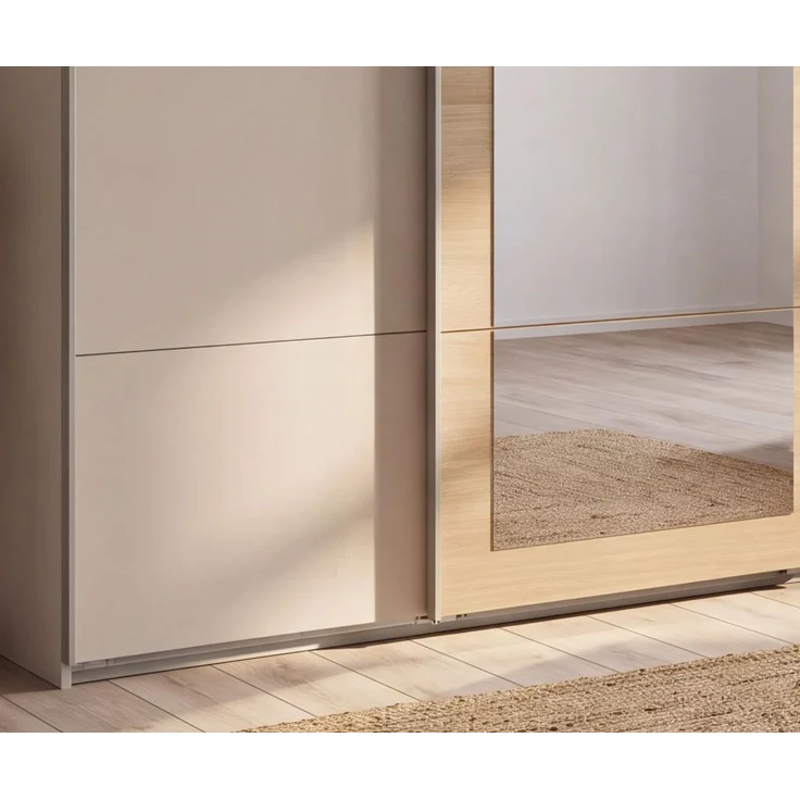 Schwebetürenschrank 3-trg. Kleiderschrank 225 cm Beige Grau, Eiche Natur Spiegel – Bild 4