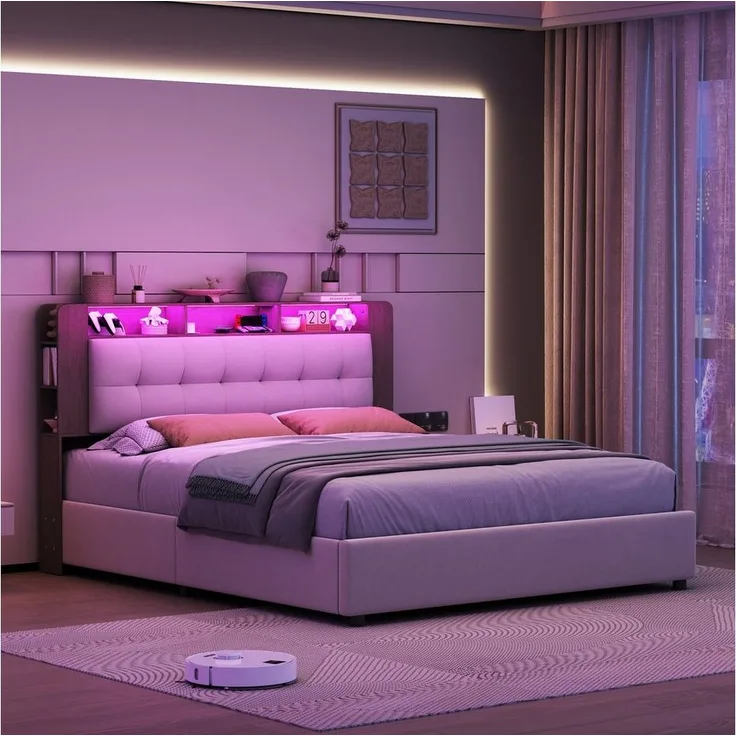 FUROKOY Stauraumbett Polsterbett Doppelbett Mit Drahtlose Ladefunktion (Set, 1-tlg, Gepolstertes Kopfteil mit Staufächern aus Holz), Hydraulischerbett mit LED-Beleuchtung, Samt, Beige, 140x200 cm