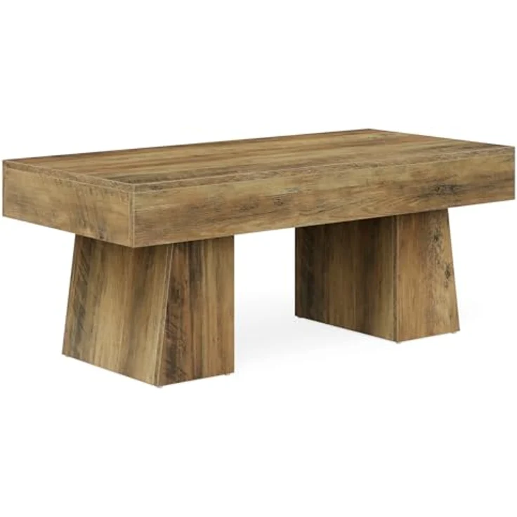 LITTLE TREE Farmhouse Couchtisch, 120 cm, rechteckiger Beistelltisch aus Holz mit massivem Sockel, Moderne niedrige Cocktail- und Teetisch-Möbel für das Wohnzimmer (rustikales Braun) – Bild 10