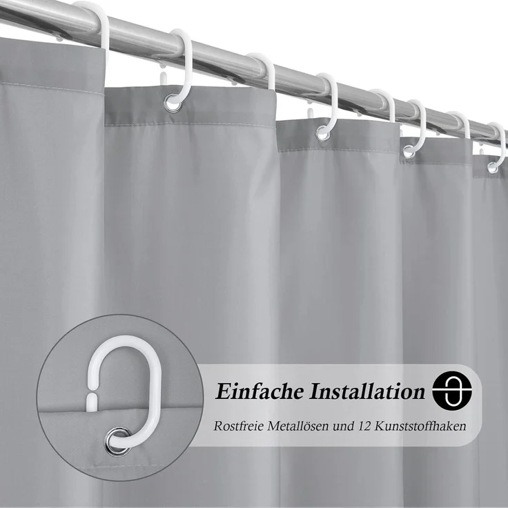 Duschvorhang 180x180 Grau Textil Wasserdicht Antischimmel inkl. 12 Ringe – Bild 2