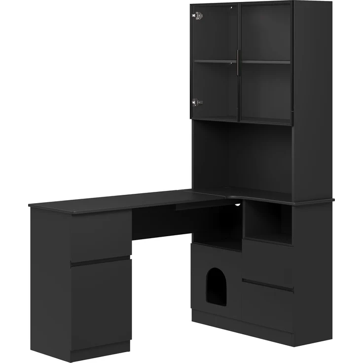 ZUBALIYA Eckschreibtisch mit Regal und LED-Vitrinenschrank 120×80×180 cm – Schreibtisch mit Kabeldurchlass, 3 Schubladen, 2 Türen, offenen Fächern,Ein Eckschreibtisch mit eingebautem Bücherregal ,Schwarz – Bild 7