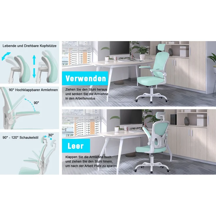 Botifly Ergonomischer Bürostuhl mit Kopfstütze, Mesh-Gewebe, Mintgrün, 90°-120° Wippfunktion, 10 cm Höhenverstellbar, 52 x 26 x 57 cm – Bild 9
