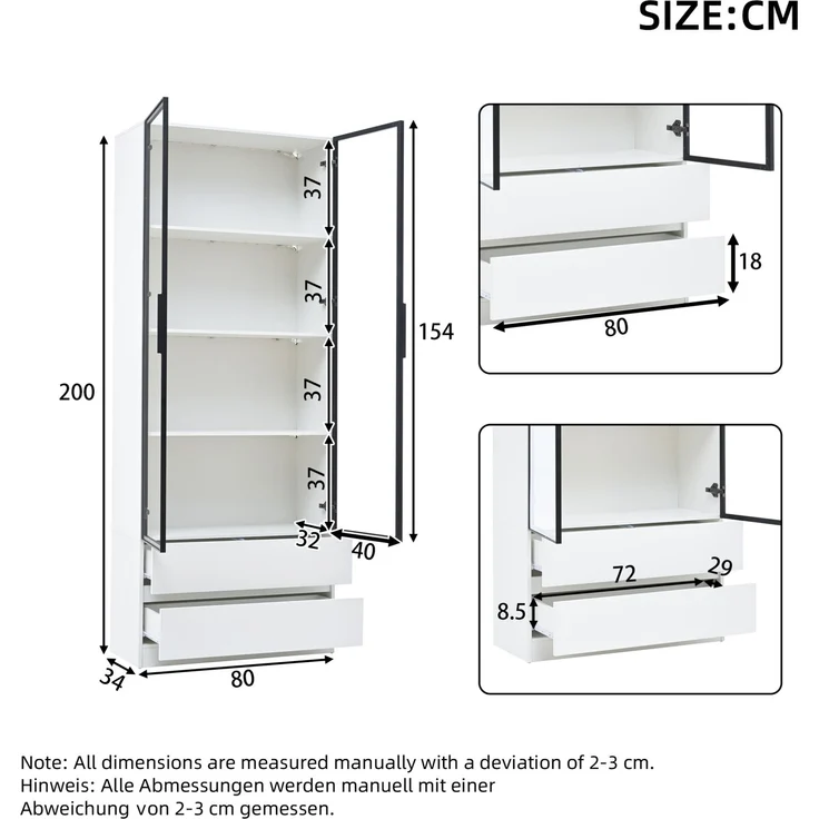 DESVIAE Regal-Vitrine Weiß aus Spanplatte – 80x200x34 cm – LED-Beleuchtung, 2 Schubladen – Bild 9