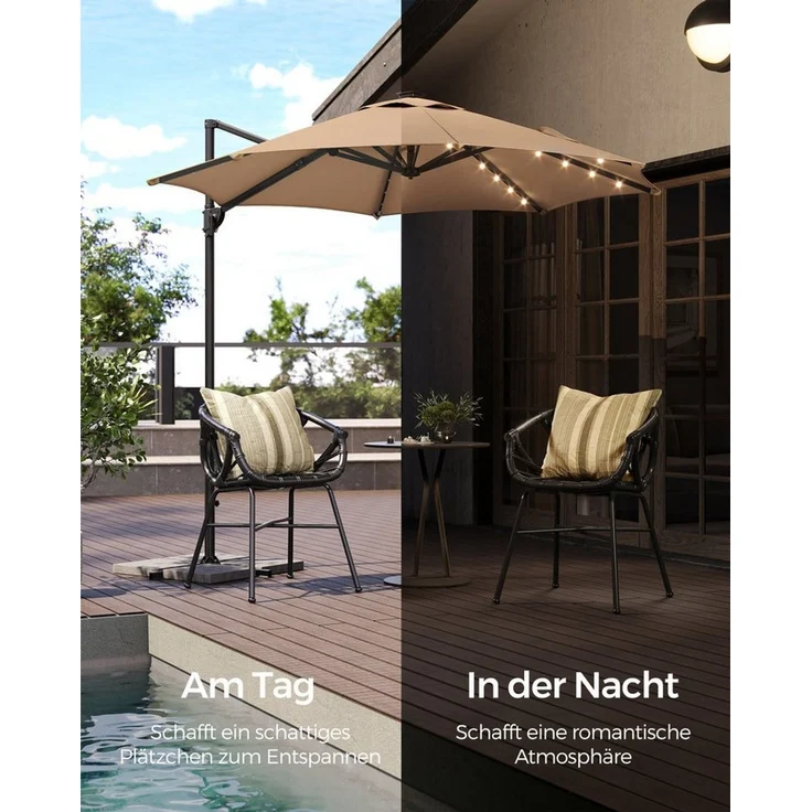 Songmics Sonnenschirm, Ampelschirm, 300 cm, 28 Solar-LED-Leuchten, UPF 50+, Gartenschirm, um 360° drehbar, Neigungswinkel stufenlos verstellbar, mit Kurbel, Kreuzfuß,kamelbraun – Bild 2