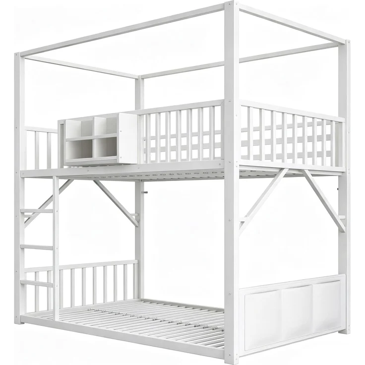 Metall-Etagenbett 90 x 200 cm für Kinder und Jugendliche, platzsparendes Einzelbettgestell mit Dachkonstruktion, Modernes Kinderetagenbett Weiß – Bild 5