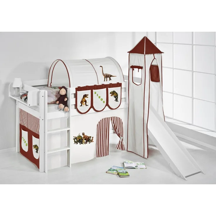 Lilokids 'Jelle' Spielbett 90x200 cm, Dinos Braun Beige, Kiefer massiv, mit Turm, Rutsche und Vorhang