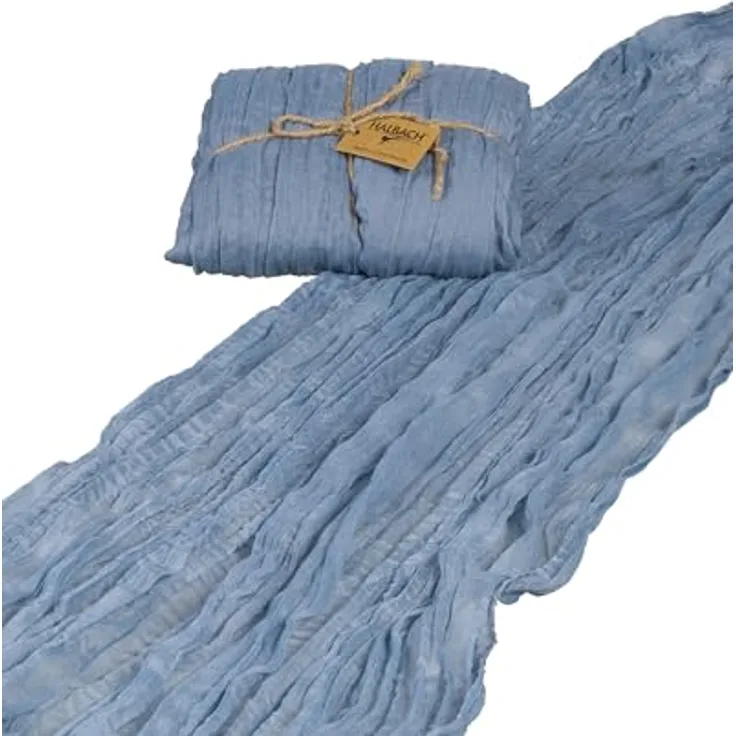 Halbach Seidenbänder Tischläufer | Breite: 70 cm Länge: 3 m | waschbarer Tischläufer für Hochzeiten, Geburtstage oder Tischdeko | schmale Tischdecke in Baumwoll-Optik | Farbe: verwaschendes Jeansblau