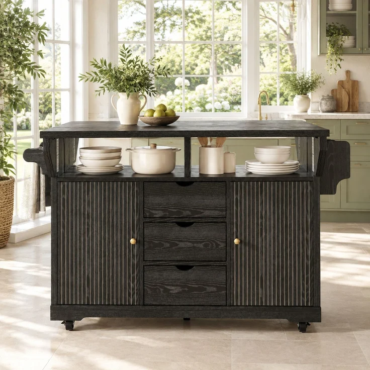 Küchenwagen 142,5 x 40/80 x 95 cm aus MDF und Metall, schwarz, beidseitig erweiterbar – Bild 1