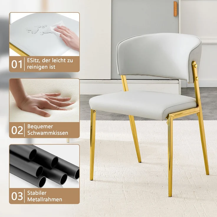 2er Set Moderne Esszimmerstühle mit Metallgestell, gepolsterter Sitz und Rückenlehne – Stabiler--Hellgrau--78x49x51cm--CHENHAONING – Bild 3