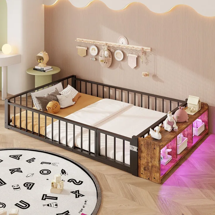 Kinderbett mit LED-Streifen, Regal, Zaun, Lattenrost und Tür, 140x200 cm, Einzelbett mit Rausfallschutz, Metallbett