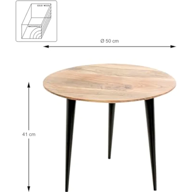 XXXL Beistelltisch, Schwarz, rund, Akazie massiv, Metall, 50x41x50 cm, einfacher Aufbau – Bild 2