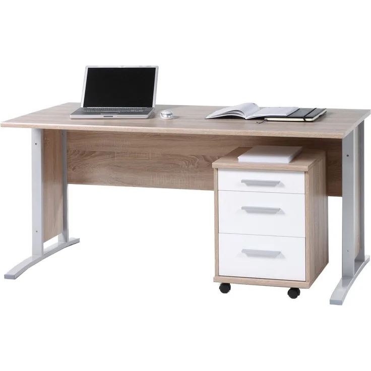 Schreibtisch >Clermont< in Sonoma-Eiche/Weiß aus Metall - 150x73x70cm (BxHxT)