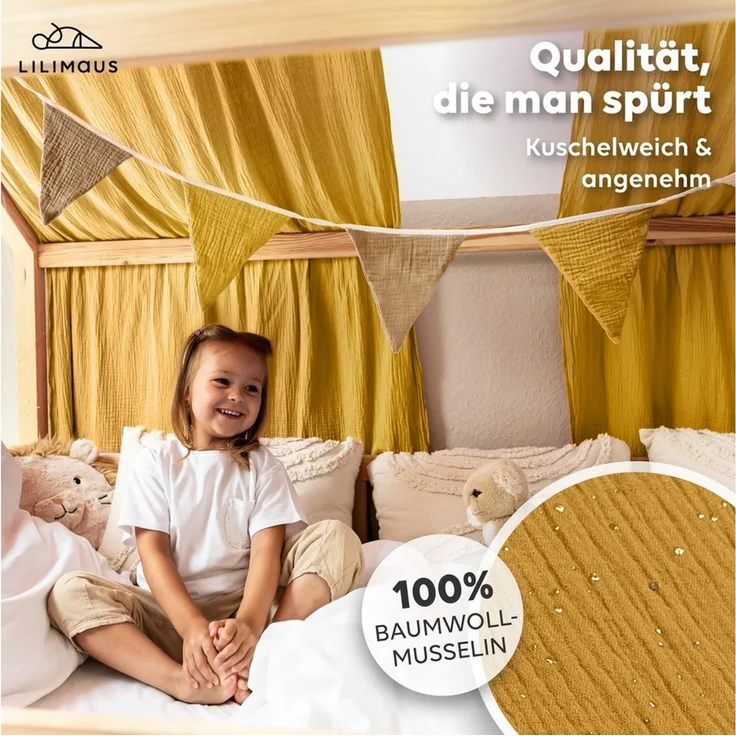 lilimaus Betthimmel Hausbett Himmel Gold aus Musselin - 2er-Set für Kinderbett (1-tlg), 2 Stoffbahnen mit feinen Goldapplikationen - schnell montiert – Bild 2