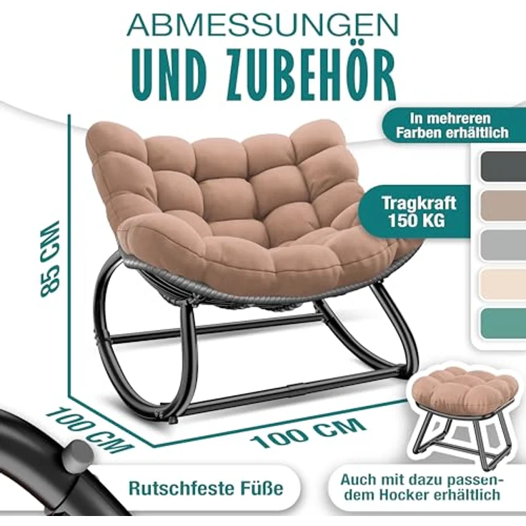 KESSER® Schaukelstuhl, für drinnen & draußen, ergonomisch, max. Belastung von 120kg, mit rutschfesten Füßen, Witterungsbeständig, Taupe – Bild 3