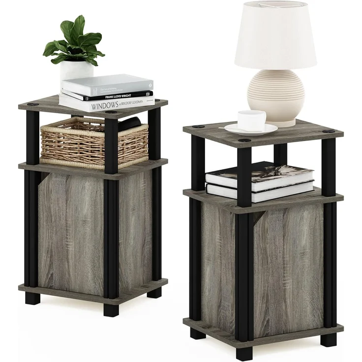 Furinno Just Beistelltisch/Sofatisch/Nachttisch mit 3 Ebenen, Holzwerkstoff, Französische Eiche/Schwarz, 3-stufiger 2er-Set