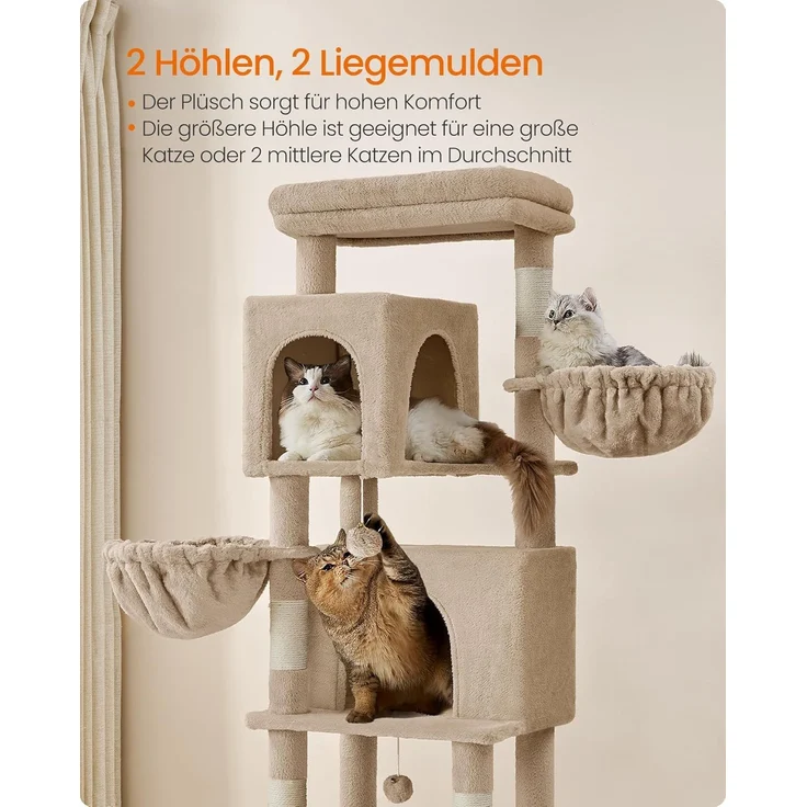 Feandrea Kratzbaum, 175 cm hoch, XL, mehrstöckiger Katzenbaum mit 2 Höhlen, 2 Liegemulden, 5 Kratzsäulen, Katzenbürste, große Plattform, Kamelbraun – Bild 4