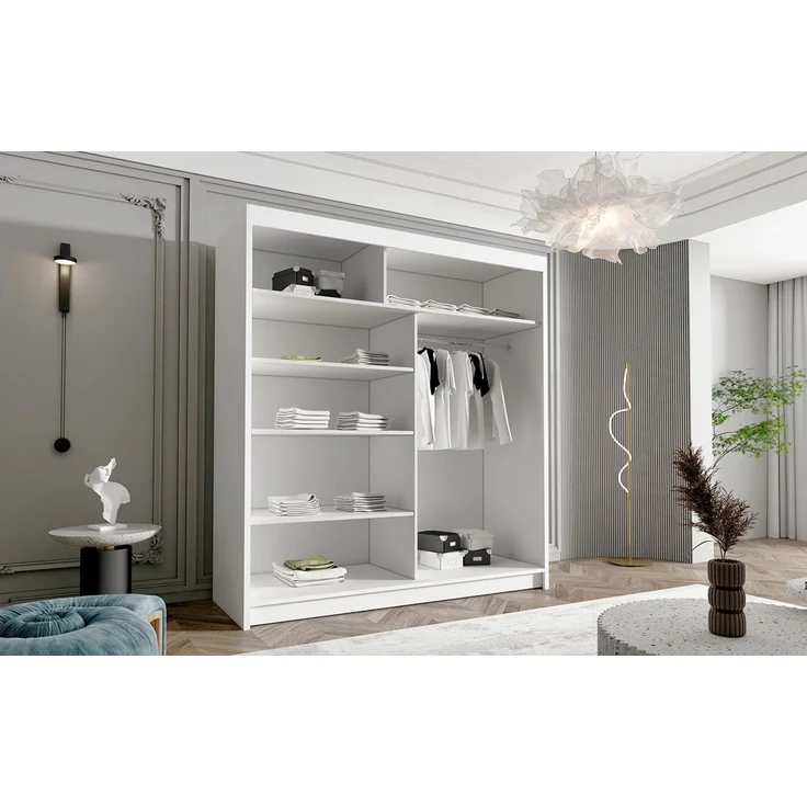 Kleiderschrank Harry IV 180 cm - Groß Schwebetürenschrank, Schiebetürenschrank mit Kleiderstange und Einlegeboden, Schlafzimmerschrank, Schiebetüren - 180x215x58 cm (Weiß) – Bild 2