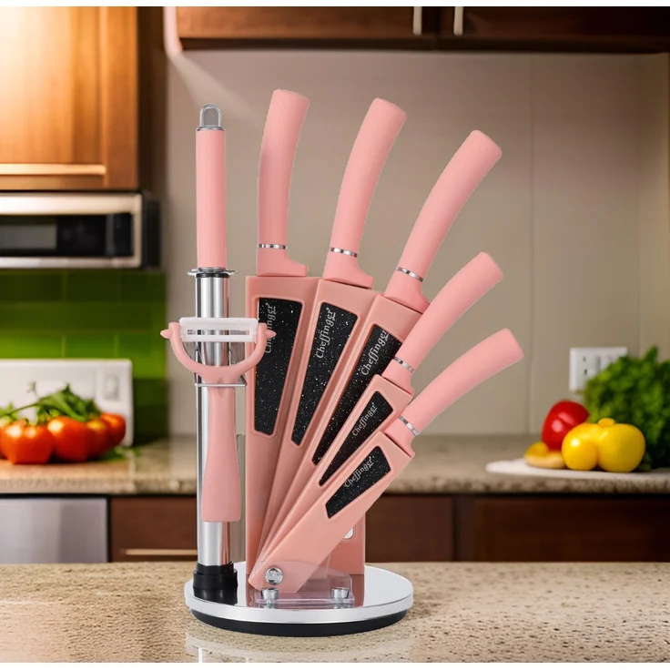 8 tlg Messerset Kochmesser Messerständer drehbar Pink Messer aus Edelstahl – Bild 4