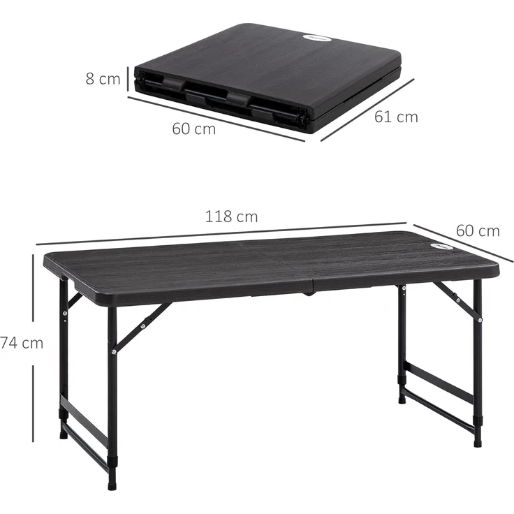 Outsunny Gartentisch Campingtisch Buffettisch mit Stahlgestell (Terrassentisch für 4 Personen, 1-St, Höhenverstellbarer Klapptisch), HDPE 118 x 60 x 74 cm, Dunkelgrau – Bild 3