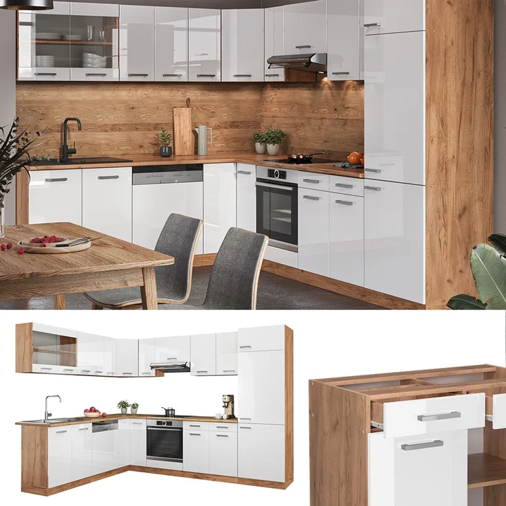 Eckküche R-Line Weiß Hochglanz/Goldkraft Eiche 287 x 227 cm, AP Eiche Vicco – Bild 2